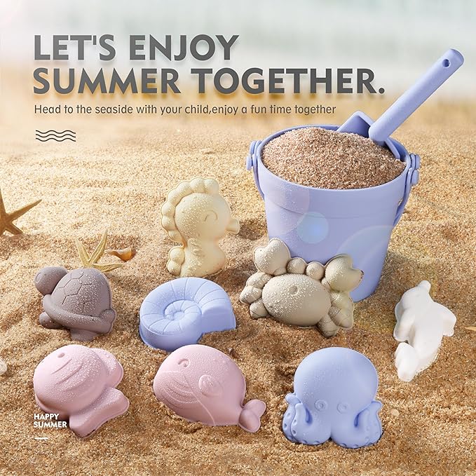 MarcZero 11Pcs Silicone Beach Toys,Modern Baby Beach Toys,Travel Friendly Beach Set,Silicone Bucket, Shovel, 8 Sand Molds, Beach Bag, Sand Toys for Toddlers, Kids (Blue Purple)
