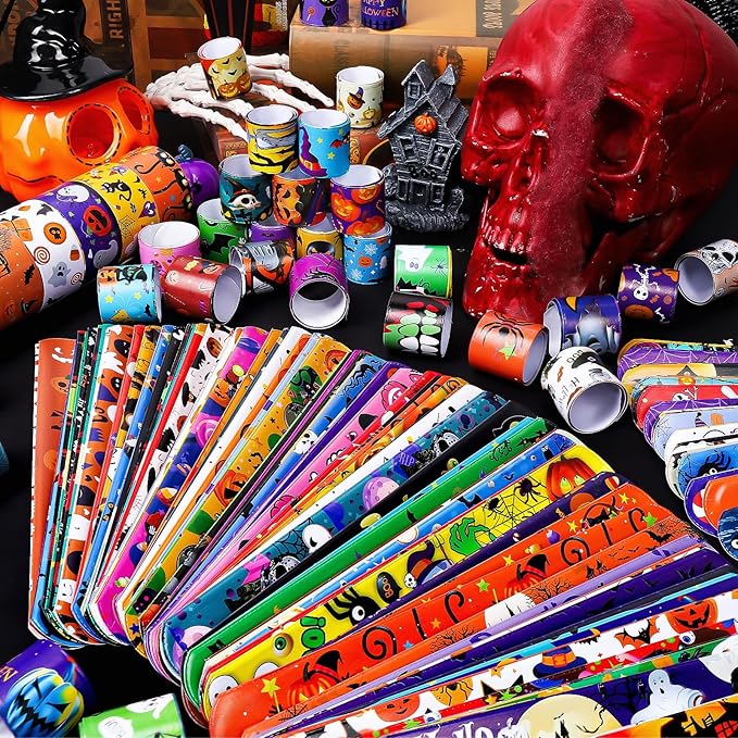 LUYI 250 PCS Halloween Slap Bracelets,Halloween Party Favors Supplies -50 Different Designs Bracelets Bulk for Halloween Decorations Treat Toys Bag Stuffers Gift