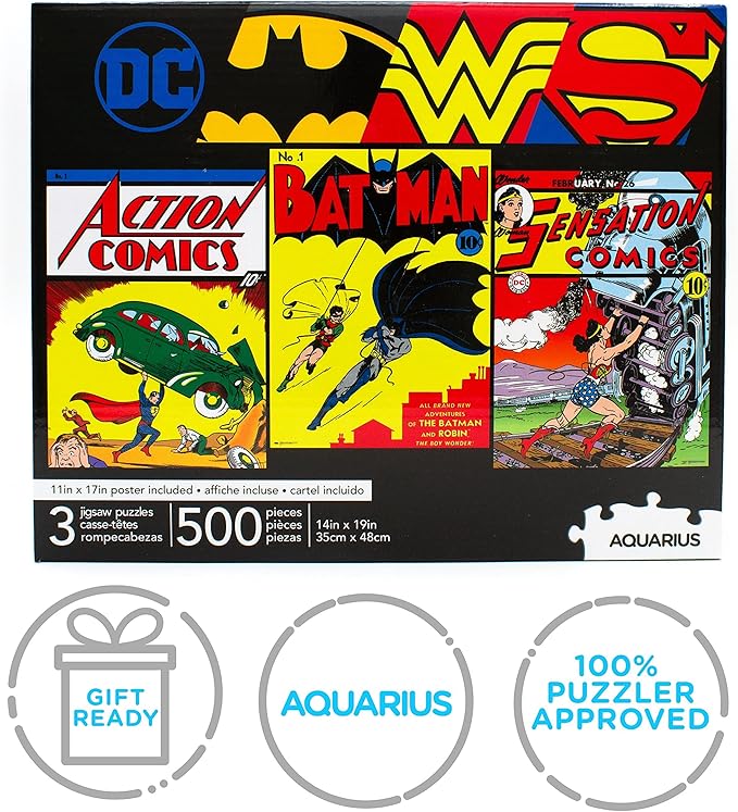 Aquarius DC Comics 3 x 500 Piece Jigsaw Puzzle Set with Bonus Poster – Superhero Puzzle Pack for Adults, Kids & Families | Superman, Batman & Wonder Woman