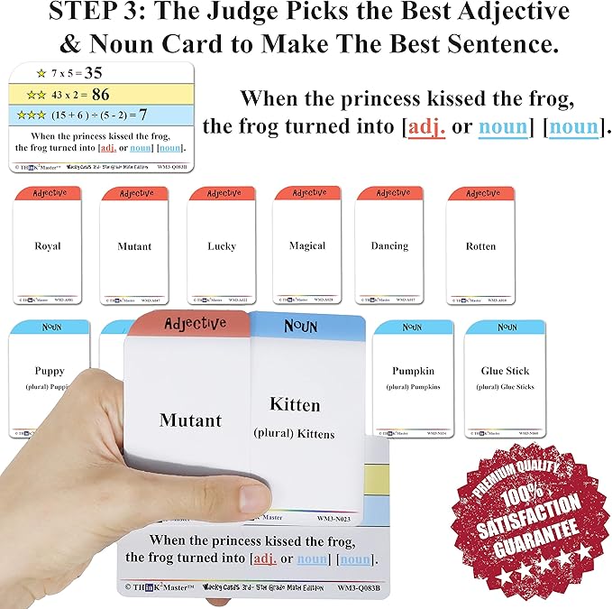 Think2Master Wacky Cards 3rd - 5th Grade. Math Card Game for Families & Classroom. Make Hilarious Sentences While Practicing Math Including Multiplication, Division & Algebra.