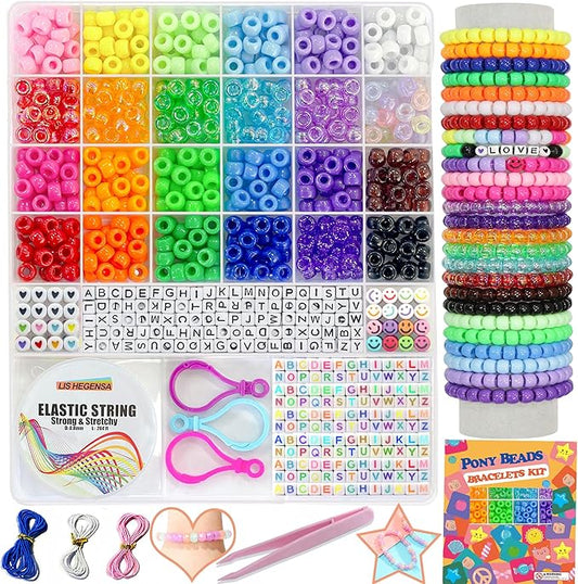 LIS HEGENSA Pony Beads Bulk,Kandi Beads for Necklace Jewelry Making Hair Braiding,Bracelets Making Kits,Hair Bead,Bracelet Beads,Plastic Beads for Crafts Braids Girls(24 Color,1000PCS)