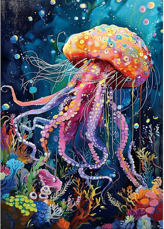 1000 Piece Jigsaw Puzzle for Adults Cute Jellyfish Colorful Ocean Underwater Scene Sea Life Coral Reefs Beautiful Marine Creatures Landscape Puzzle for Family Game Night(27.6" x 19.7")