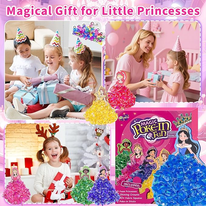 8 Pcs Poke in Crafts Art Kits for Girls, Fashion Princesses DIY Mess Free Kids' Paper Craft Kits, with 700+ Fabric Squares, 6 Foam Princesses, 2 Crowns - Birthday Gift, Creative Gift for Kids