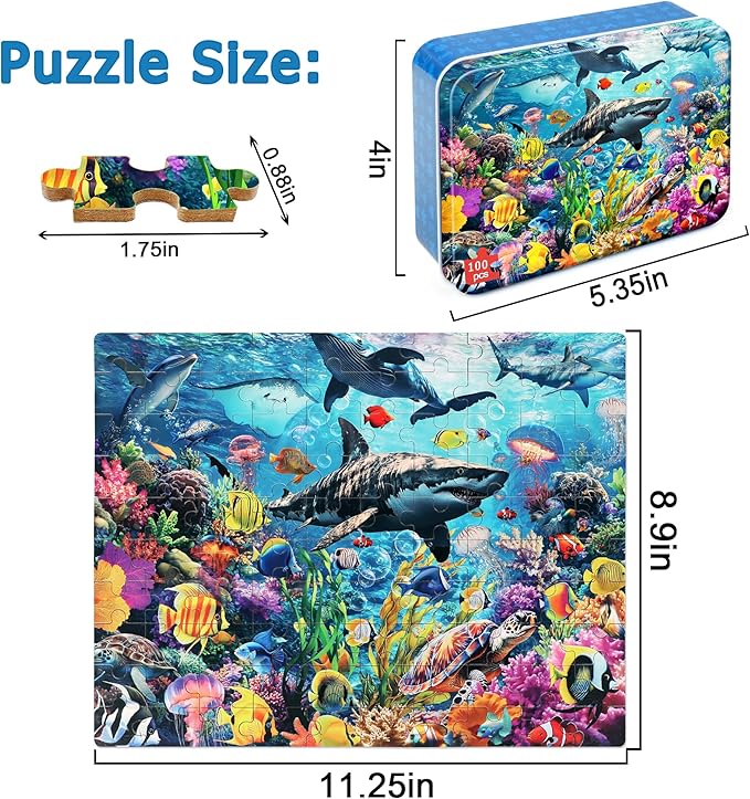 LELEMON Puzzles for Kids Ages 4-6,Underwater World 100 Piece Puzzles for Kids in a Metal Box, Educational Jigsaw Puzzles 100 Piece Puzzle Games Puzzle Toys for Girls and Boys