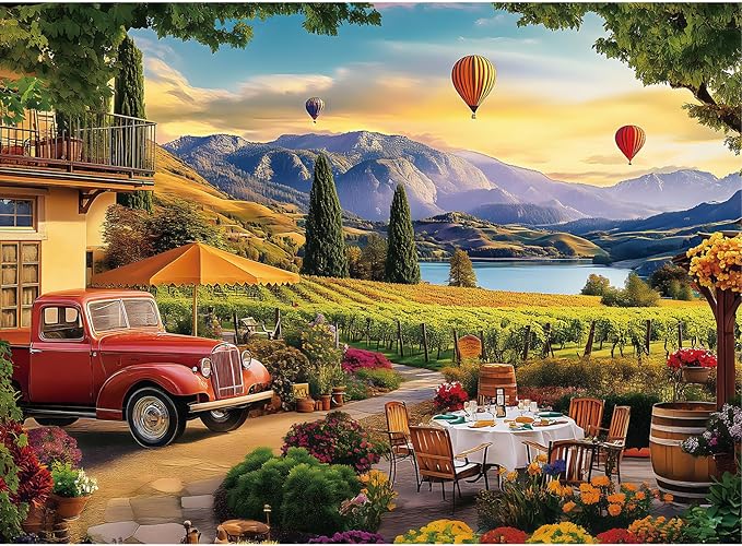 500 Piece Jigsaw Puzzle for Adults – Scenic Vineyard with Hot Air Balloons & Red Truck – Relaxing and Beautiful Puzzle for Adults & Teens Recycled Cardboard, 20.5" x 15"