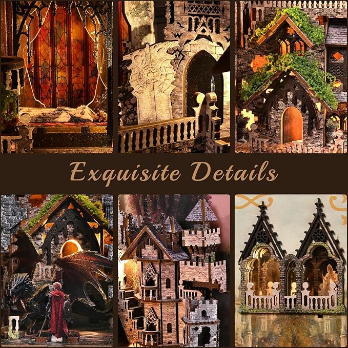 Book Nook Kit for Adults, DIY 3D Wooden Puzzle Booknook Bookshelf Insert Decor with LED Light and Dust Cover (Sleeping Beauty)