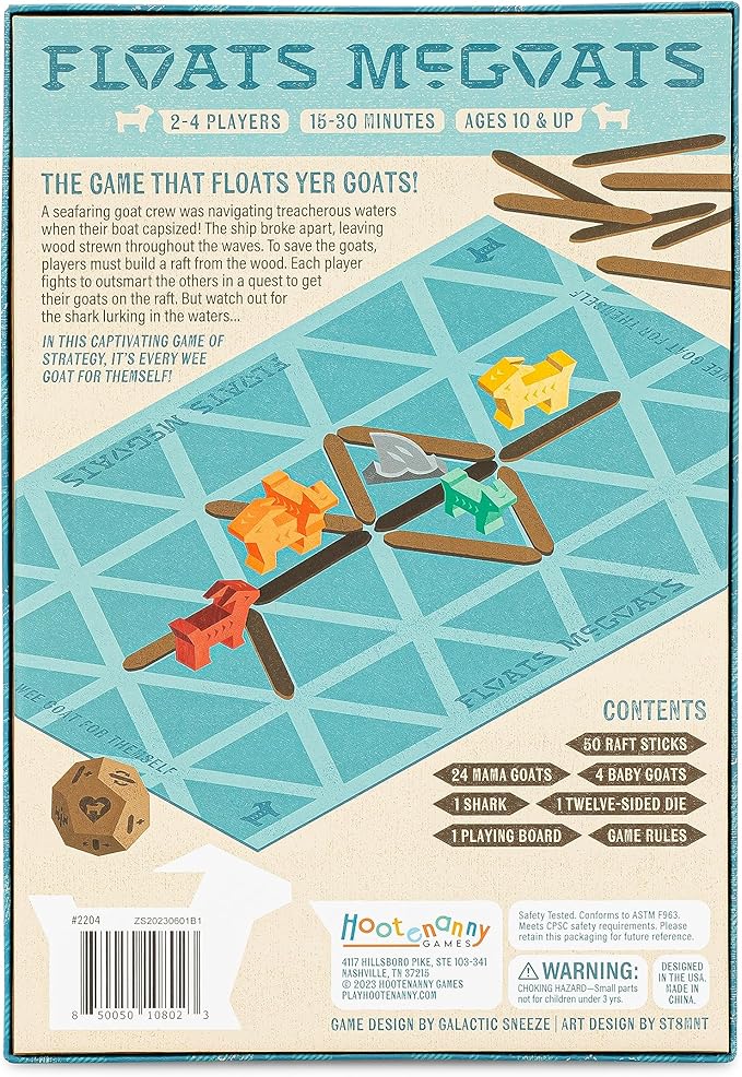 Hootenanny Games Floats McGoats Board Game | Build a Raft & Save Your Goats | Perfect for Family Games | 2-4 Players, Ages 10+
