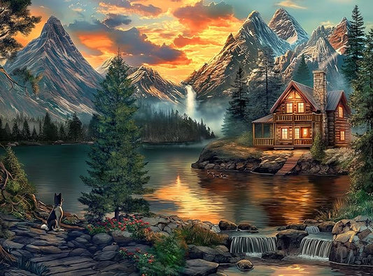 1000 Piece Jigsaw Puzzle for Adults - Mountain Cabin by a Lake - Challenging Puzzle Perfect for Game Nights - 1000 Piece for Adults. 20x27 inches