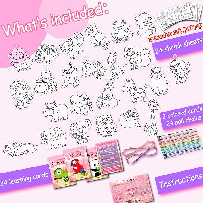Shrink Fun 75PCS Shrinky Dinks Sheets Craft Kits for Kids, Includes 24 Pre Cut Forest Animal Charms, 24 Learning Cards and More, Keychain&Necklace Making Kit for Girls, Ideal Party Favor Age 6+