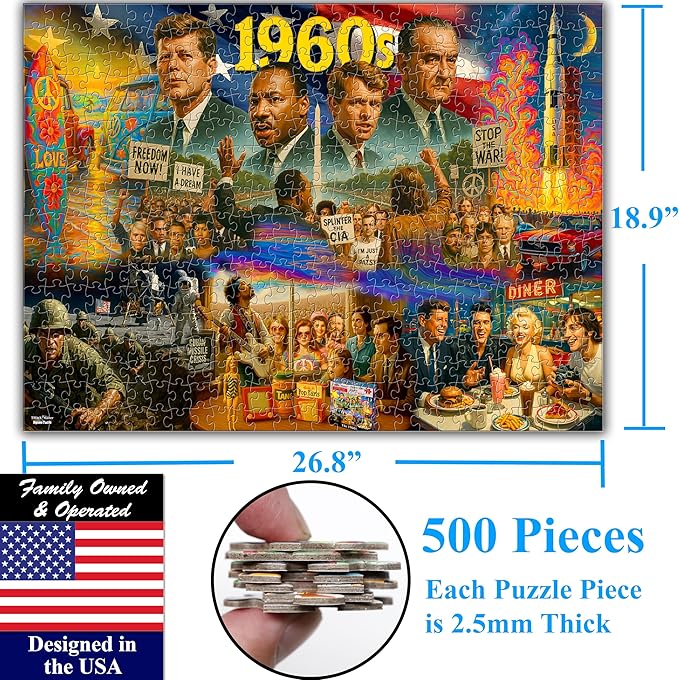 Think2Master 1960s 500 Pieces Large Format Jigsaw Puzzle: Kids 12+, Teens, Adults & Families. Travel Back in Time with The Nostalgic Collage. Great Gift. Size: 26.8” X 18.9”