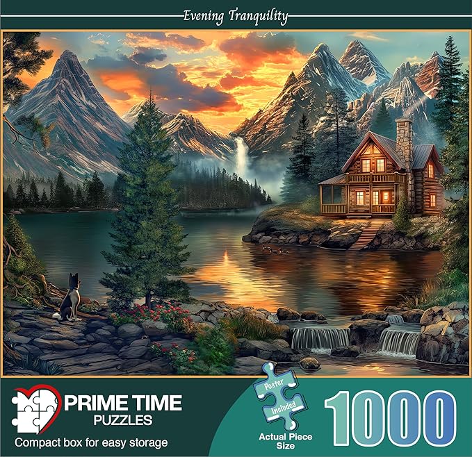 1000 Piece Jigsaw Puzzle for Adults - Mountain Cabin by a Lake - Challenging Puzzle Perfect for Game Nights - 1000 Piece for Adults. 20x27 inches