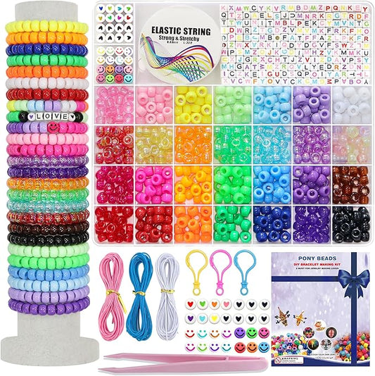 LIS HEGENSA 28 Color DIY Crafts Gifts for Girls Beading Kits, 1200PCS Pony Beads Bracelet Making Kits with Decorative Beads and Charms, Craft Supplies for Children, Adults, Girls