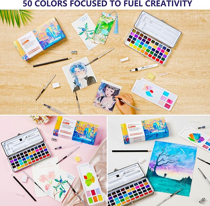 Watercolor Paint Set, 50 Colors, Paint Brushes and Palette included, Including Metallic and Fluorescent Colors, Art Supplies, for Artists, Amateur Hobbyists and Painting Lovers