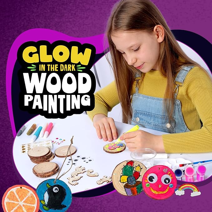 Dan&Darci Glow in The Dark Wood Painting Craft Kit for Kids - Arts and Crafts for Kid Ages 6 7 8 9 10 11 12 - Art Set Party Gift - Paint Kits 6-8, 8-12 - Gifts Summer Toys for Girls 8-12