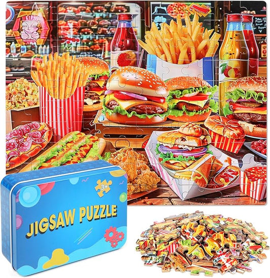 LELEMON Hamburger Jigsaw Puzzles in a Metal Box 100 Pieces Hamburger Fried Chicken French Fries Jigsaw Puzzle for Kids Ages 4-8 Children Learning Educational Puzzles Toys