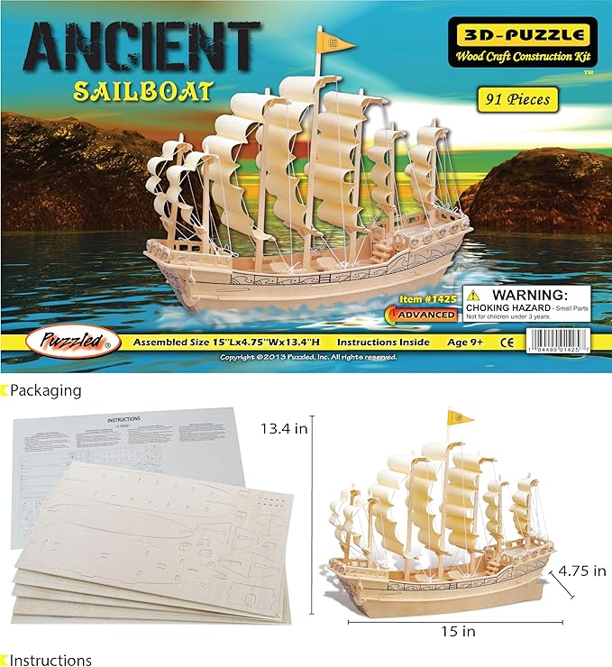 Puzzled 3D Puzzle Ancient Sailboat Wood Craft Construction Model Kit, Unique & Educational DIY Wooden Toy Assemble Model Unfinished Crafting Hobby Boat Puzzle 91 Pieces