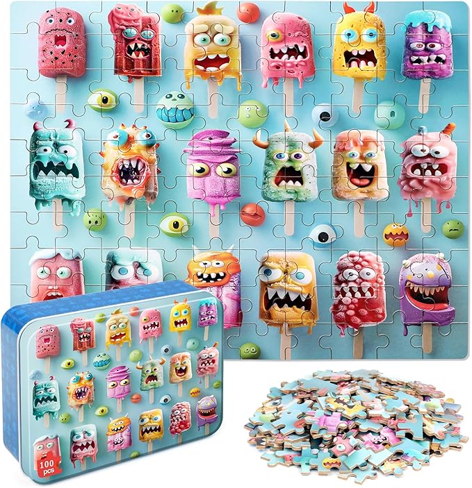LELEMON Popsicle Monsters Puzzles for Kids Ages 4-8,100 Pieces Funny Colorful Monsters Ice Cream Jigsaw Puzzles in a Metal Box,Cute Monster Popsicles Learning Educational Toys for Boys Girls