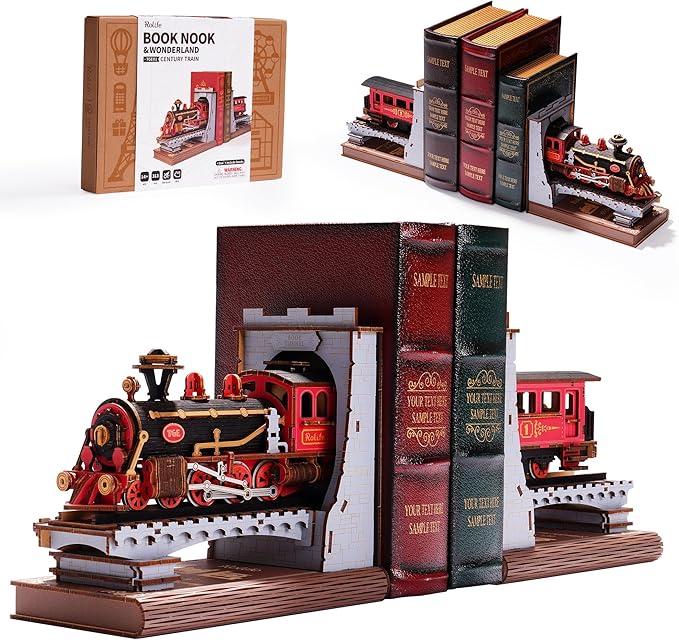 Rolife 3D Puzzles for Adults DIY Book Nook Kit Wooden VintageTrain Decorative Bookends 6.5" Model Building Kit Crafts for Adults Gifts for Boys Girls