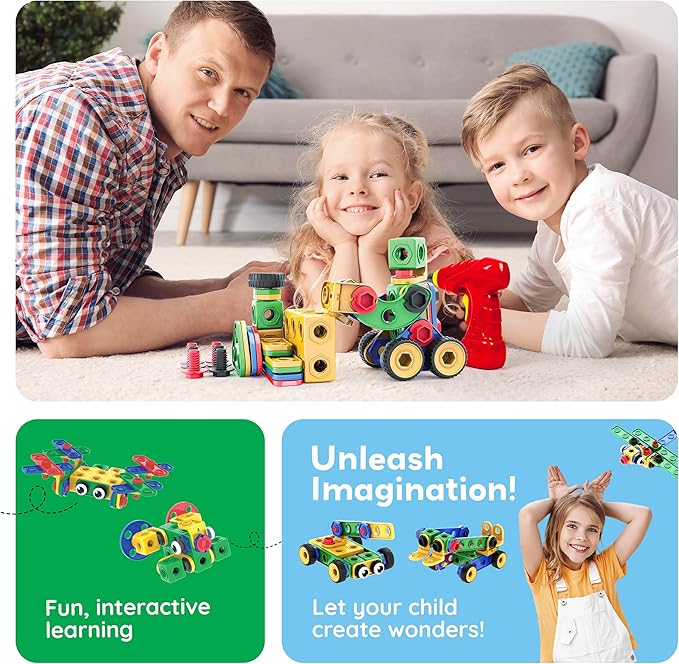 PicassoTiles 201pc STEM Learning Block Construction Kit with Power Drill and Clickable Ratchet Educational Engineering Toy Set Kids Age 3 Plus Preschool Activity Creative Play with Idea Book PTN201