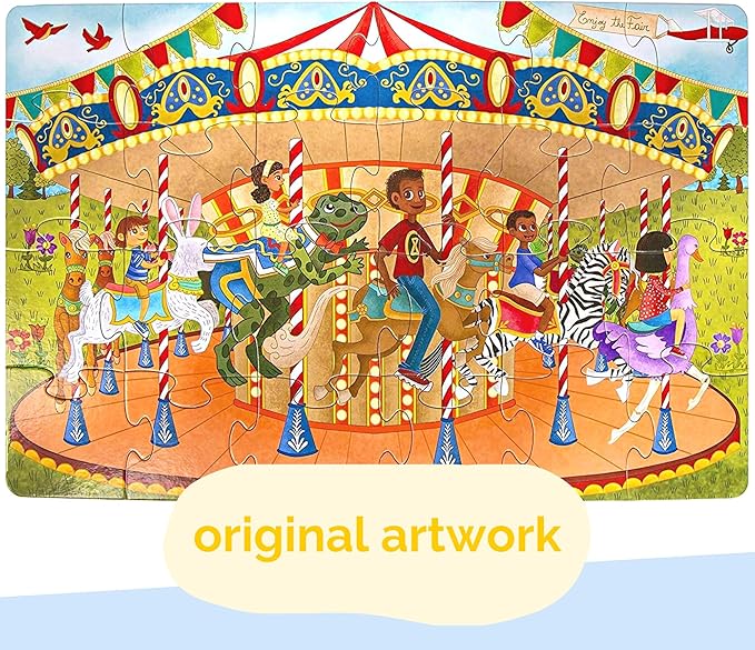 Joyful Carousel Animals Numbers and Colors - 24 Piece 2-Sided Beginnger Puzzle,Toddler Boy,Girl, Ages 3-5, Counting Activity with African American-Diverse Children at Play