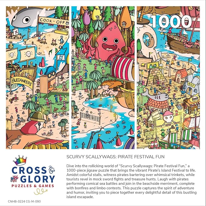 Cross & Glory - Scurvy Scallywags: Pirate Festival Fun - 1000 Piece Jigsaw Puzzle for Adults & Kids 12+ | Whimsical | Vibrant Island Adventure | Magical Puzzle Challenge | 19.25"x 26.625"