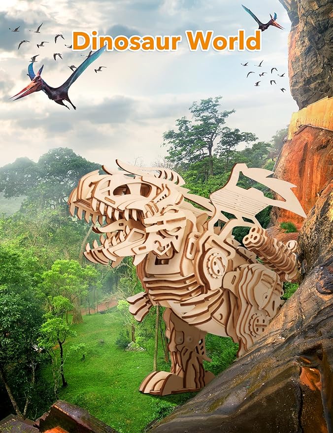 MIEBELY 3D Wooden Puzzles for Adults - T-Rex Dinosaur Model Kits can Walk and Roar, Mechanical Dinosaur STEM Toys for Boys Kids Ages 8-10-12-14, 3-D Puzzles Building Kit Gifts for Teen Men Women