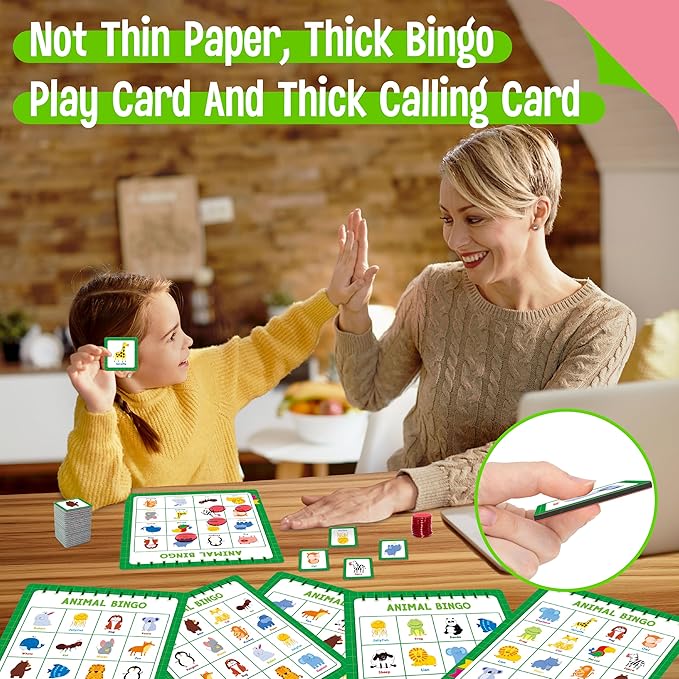 Family Bingo Game, Alphabet Animal Sight Word and Number Bingo Board Game, Counting and Matching Skills Classic Educational Game for Kindergarten and Preschool Kids, Perfect for Home and Classroom