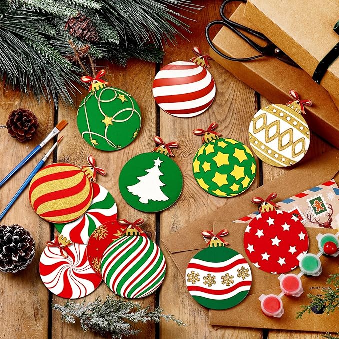 60 Pcs Wood Christmas Crafts for Kids DIY Paint Xmas Ornaments Blank Unfinished Wooden Cutouts Shapes Slices Hanging Embellishment for Christmas Tree Holiday Party Decor(Ball)