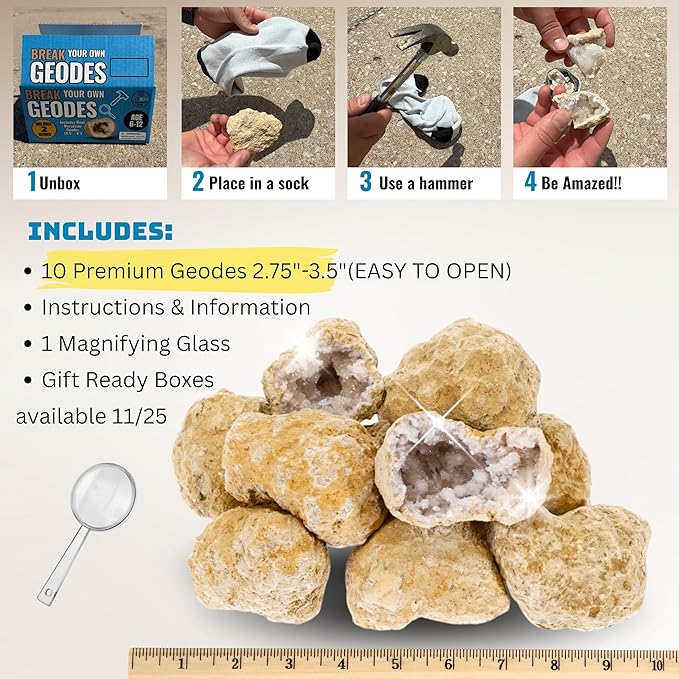Break Your Own Geode Kit โ 10 Natural Geodes 2.75 to 3.5 Inch Crack-Open Experience + Easy to Open + Tools + Geologist Guide โ Less Effort for Easy Reveal โ STEM Activity + Collectable Gems - Large