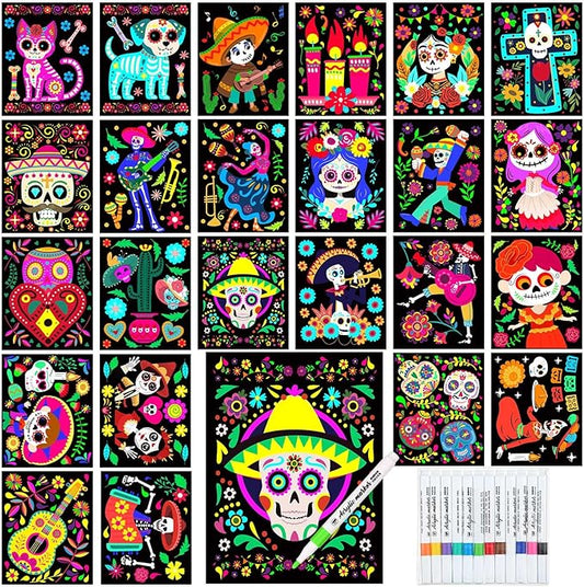 Zhanmai Pack of 48 Day of The Dead Sugar Skull Velvet Coloring Posters and Watercolor Pens Dia De Muertos Fuzzy Velvet Coloring Posters for Adults Teenagers Large Poster Arts Crafts