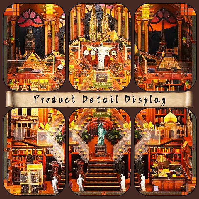 Book Nook Kit for Adults - DIY World Library Booknook, 3D Wooden Dollhouse Puzzle with LED Lights, Miniature Bookshelf Decor for Home Libraries