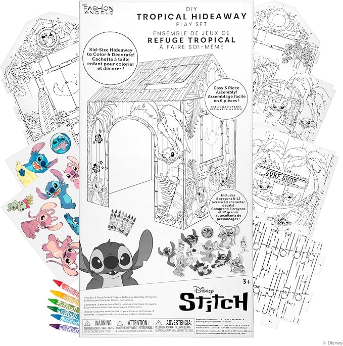 Fashion Angels Disney Stitch DIY Tropical Hideaway Playhouse, Color & Decorate Kid-Size Play Set with Crayons & Decals, Fun Craft Activity for Kids Ages 3+
