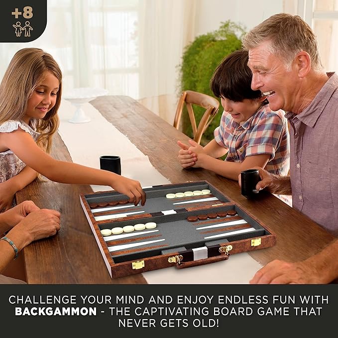 Large Backgammon Sets for Adults - Classic Board Games for 2 Players Adults and Kids - Premium Backgammon Set 15 inch Board and 32 Backgammon Pieces in Quality PU Leather Case - Gift for Man