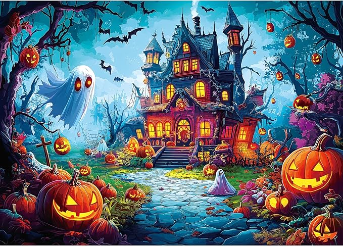 Halloween Jigsaw Puzzle 1000 Pieces for Adults - Haunted House Scene with Jack-o'-Lanterns, Ghosts & Bats - Spooky Night Sky Puzzle - Challenging 1000-Piece Jigsaw for Adults & Teens