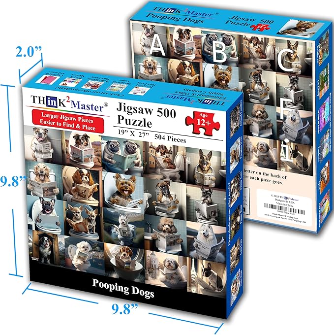 Think2Master Pooping Dogs & Puppies 500 Pieces Jigsaw Puzzle. Pooping Puppies, Funny Bathroom Decoration, Gag Gift. Fun Toy Teens, Adults, Seniors & Families. Great for Kids 13+ Size: 26.8” x 18.9”