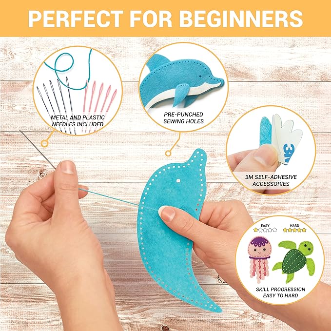 Craftorama Sewing Kit for Kids, Fun and Educational Sea Animal Craft Set for Boys and Girls Age 7-12, Sew Your Own Felt Animals Craft Kit for Beginners, 165 Piece Set