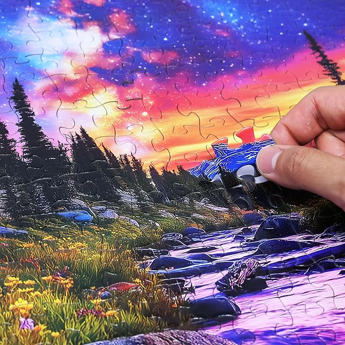 Think2Master Starry Mountain River 500 Pieces Large Format Jigsaw Puzzle: Kids 12+, Teens, Adults & Families.Vibrant Starry Night & Milkyway Landscape with Flowers. Great Gift. Size: 26.8” X 18.9”