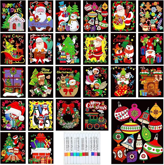 Zhanmai 48 Pcs Christmas Velvet Coloring Posters and Watercolor Pens Cozy Christmas Coloring Book Fuzzy Velvet Xmas Posters for Adults Teenagers Classroom Xmas Festive Arts Crafts
