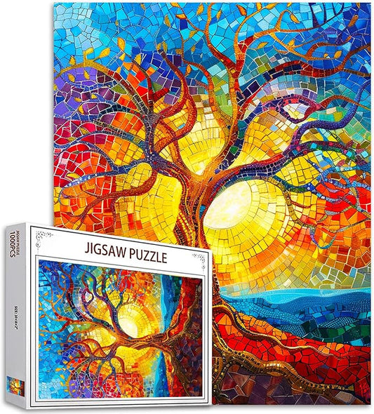 1000 Piece Jigsaw Puzzles for Adults, Charming Tree of Life Jigsaw Puzzles, Stained Mosaic Style Colorful Tree Puzzle,Challenging Family Activity Perfect for Game Nights,Puzzle Wall Art Decor