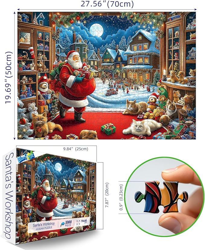Blueforest Christmas 1000 Piece Jigsaw Puzzle for Adults - 27.5x19.7 Inches Large Holiday Scene with Santa, Toys & Snowy Village, Challenging Art Puzzle Home Decor