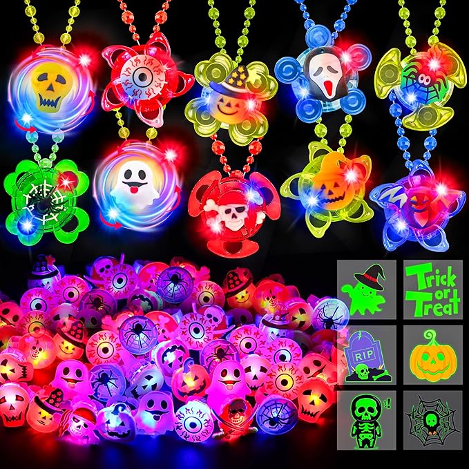 100 PCS Halloween Party Favors for Kids, Glow in The Dark Toys Bulk Halloween Light Up Rotating Necklaces LED Ring Temporary Tattoos Halloween Treats Classroom Prizes Goodie Bag Fillers Trick or Treat