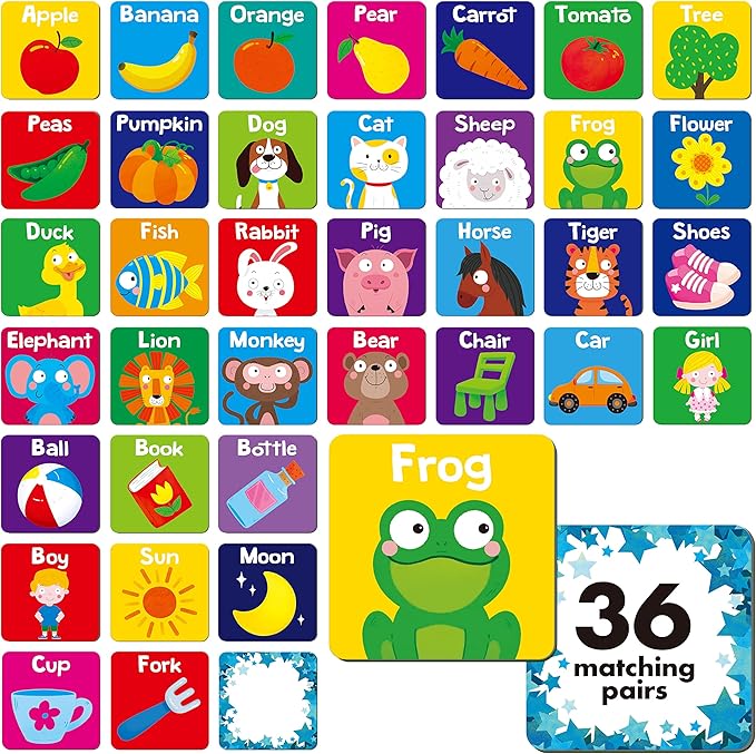 Memory Matching Game, 72 PCS First Words Matching Cards for Toddlers 36 Pairs Memory Cards Educational Toys for Preschool 4 5 6 Years Old