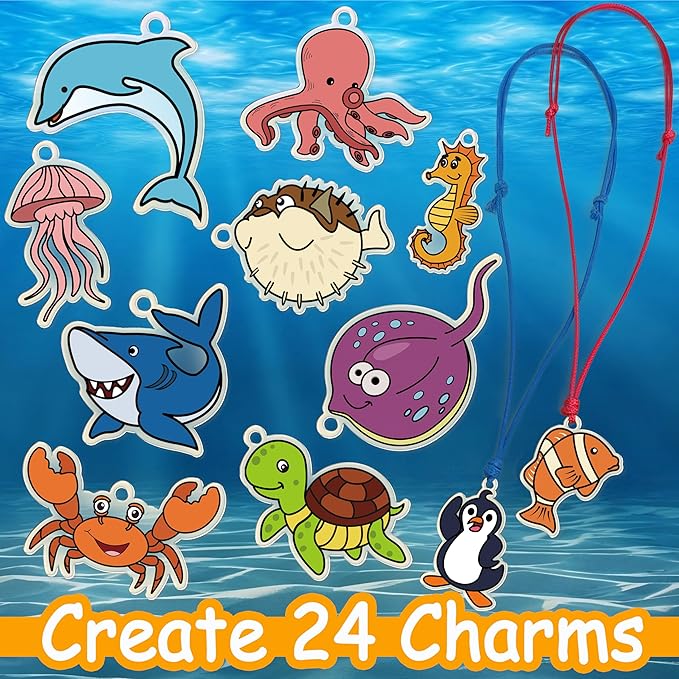 75PCS Shrinking Art Kit for Kids, 24 Plastic Pre Cut Charms, 24 Learning Cards & Accessories, Make Charms, Keychains & Necklace, No Mess Creative Activity for Boys and Girls, Gifts for Smart Kids