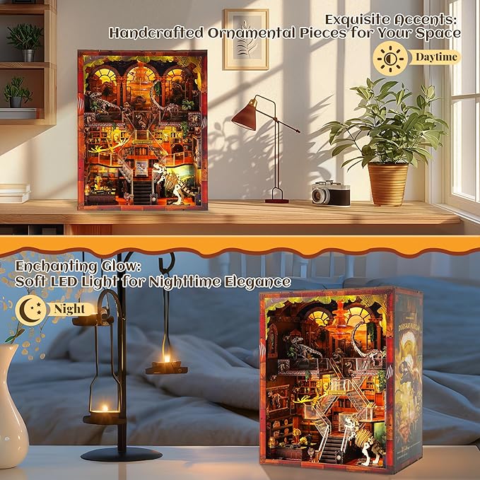 DIY Wooden Puzzle with Night Light, Miniature House Kits, Stunning Bookshelf Insert Decor, Ideal Gift for Holidays, Birthdays, and Home Library Decoration(Dinosaur Museum)