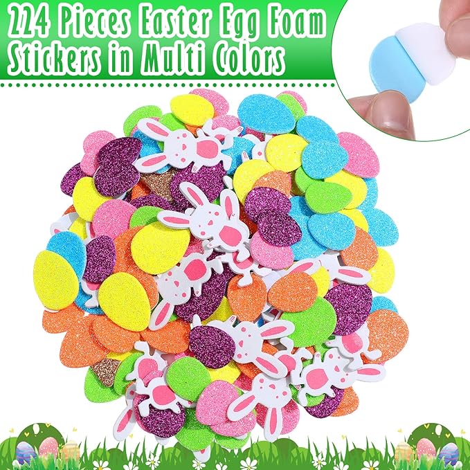 Woanger 224 Pieces Easter Foam Stickers for Craft Egg Bunny Rabbit Self Adhesive Tree Glitter Stickers for Kids Art Project Family Activity Easter (Egg)