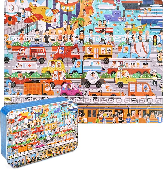 LELEMON Puzzles for Kids Ages 4-8,Communications 100 Piece Puzzles for Kids,Educational Kids Puzzles Ages 6-8 Jigsaw Puzzles in a Metal Box,Cool Puzzles Toys Puzzle Games for Girls and Boys