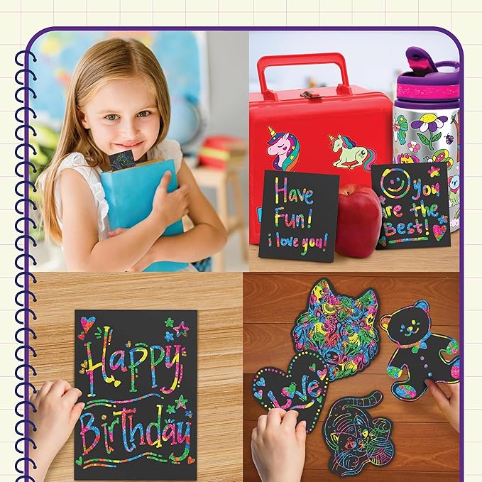PURPLE LADYBUG Rainbow Scratch Art Paper, 79 PCS Creative Drawing Paper & Stencils - Arts and Crafts for Ages 4-12, Kids Craft Activity Set for Halloween, Christmas Gift, Birthday Party Games