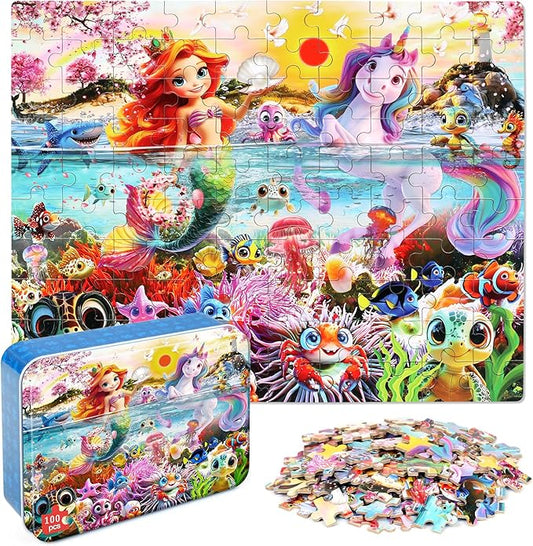Mermaid Unicorn Puzzles for Kids Ages 4-8, 100 Pieces Jigsaw Puzzles for Kids Ages 3-5 Puzzle for Girls and Boys Learning Educational Puzzles Toys in a Metal Box