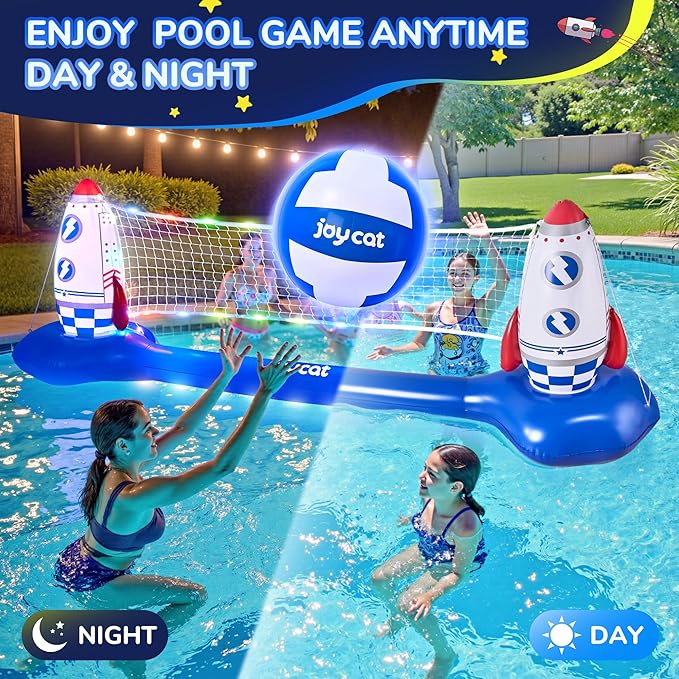 JoyCat LED Inflatable Pool Floats Set,125 Inch Volleyball Net & Basketball Hoop,Floating Swimming Pool Games Beach Toys for Kids,Water Games for Adults and Family,Pools Party Gift