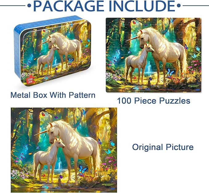 LELEMON Puzzles for Kids Ages 4-6,Unicorn 100 Piece Puzzles for Kids Ages 4-8 in a Metal Box,Educational Jigsaw Puzzles 100 Piece Puzzle Games Puzzle Toys for Girls and Boys